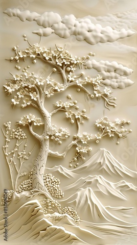 Beautiful sakura tree and mountain 3d relief wallpaper. Mural wallpaper. Wall art. AI generated illustration.