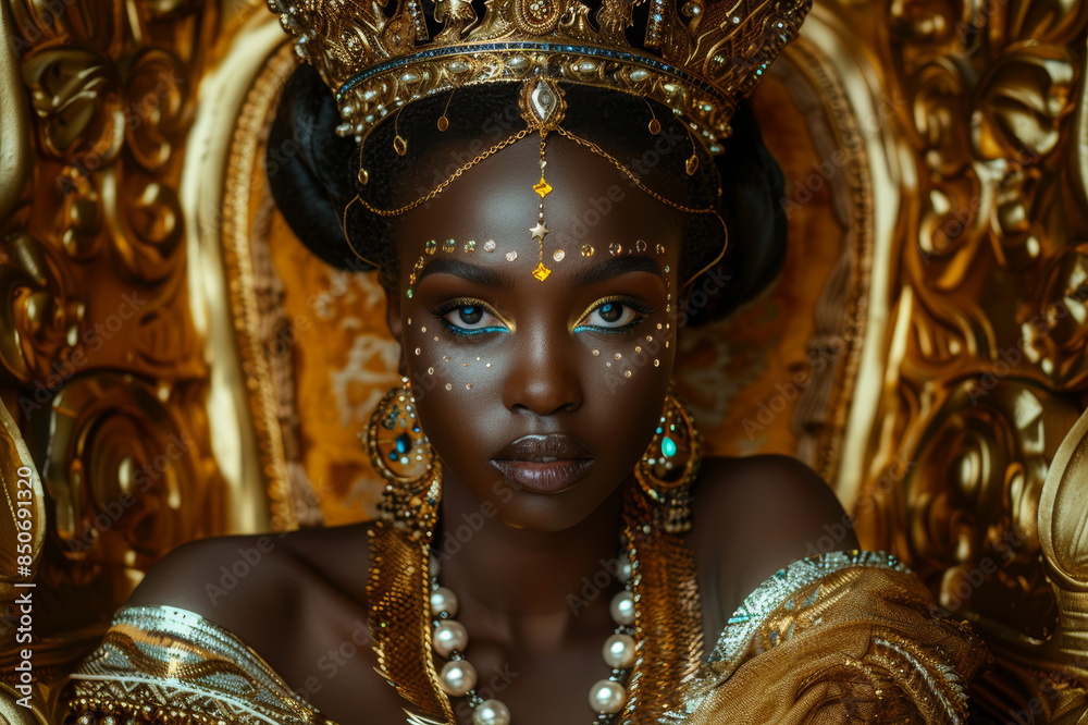 Obraz premium A portrait of a Black woman wearing a golden crown and jewelry, sitting on a golden throne.