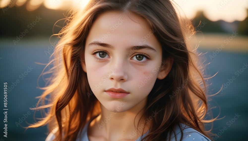 Young serious black haired girl outside background header banner design poster Young serious black haired girl outside background header banner design poster