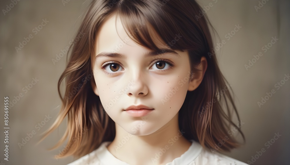 Young serious black haired girl with copy space background header banner design poster Young serious black haired girl with copy space background header banner design poster