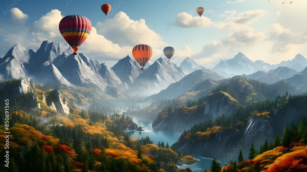 the mountains with air balloons flying over and sunlight, Hot air balloons flying in the sky during sunrise over beautiful landscape, colorful hot air balloon gently floats over the unique the mountains with air balloons flying over and sunlight, Hot air balloons flying in the sky during sunrise over beautiful landscape, colorful hot air balloon gently floats over the unique