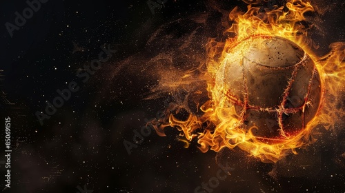 A dynamic image of a baseball engulfed in flames, bursting with energy against a dark, dramatic background, symbolizing intense sports action.