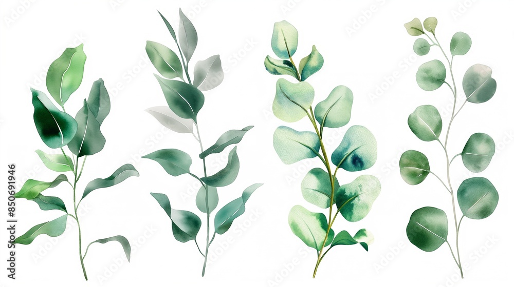 Watercolor eucalyptus set. eucalyptus branches and leaves collection