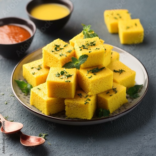 Indian traditional gujarati street food khaman dhokla photo