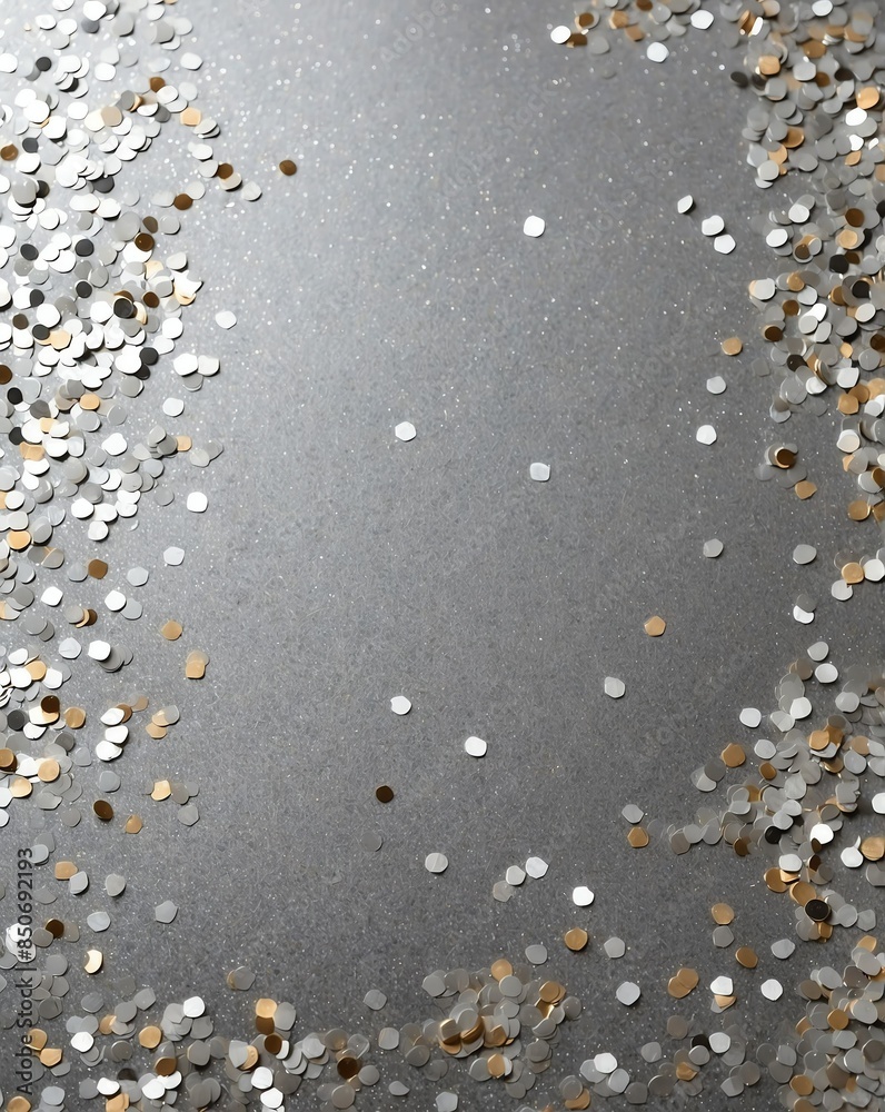 silver glitter and confetti background with bokeh