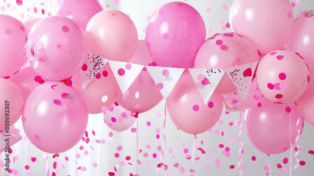 Celebration banner with pink confetti and balloons.