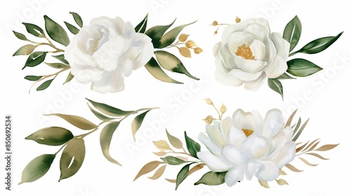 Watercolor White Flowers, set of floral illustration bouquet, white rose, peony, green and gold leaf branches collection
