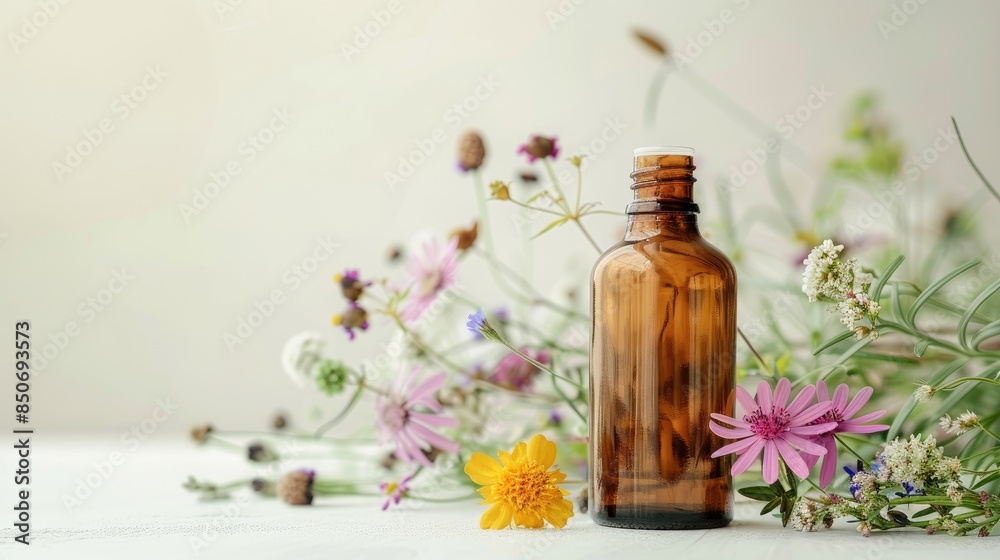 Organic natural remedies in brown bottle for aromatherapy with banner design and text space
