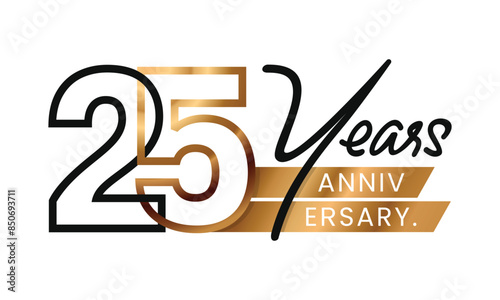 25 Years Anniversary and celebration minimalist line art style. Gold logo abstract Design. Vector Illustration. Number for icon, label, insigna, seal, tag, sign, seal, symbol, badge, stamp, etc.