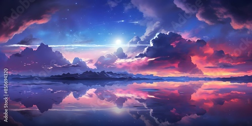Vibrant Animestyle Art of Starry Skies, Clouds, Ocean, and Gravity. Concept Anime Art, Starry Skies, Clouds, Ocean, Gravity photo