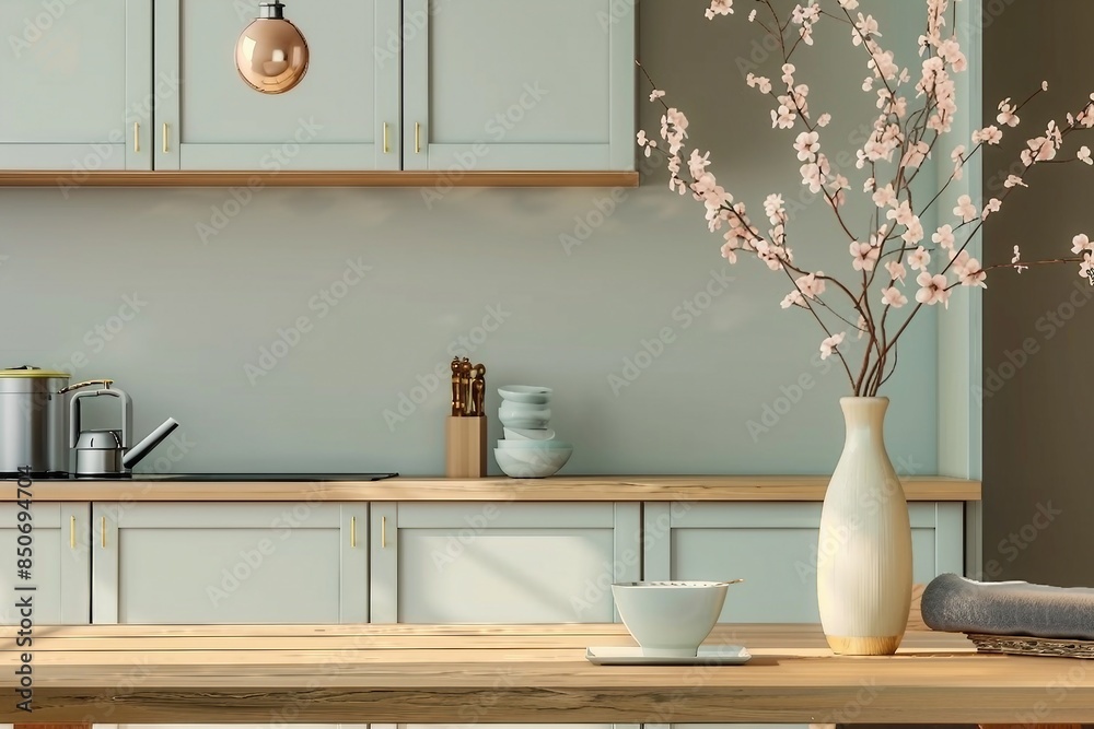 Modern Japandi mock up room interior design and decoration with green pastel counter and cabinet wooden dining table and chiar twigs in vase. 3d rendering kitchen room and counter. Modern Japandi mock up room interior design and decoration with green pastel counter and cabinet wooden dining table and chiar twigs in vase. 3d rendering kitchen room and counter.