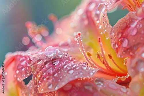 Beautiful and vibrant dewkissed floral macro photography capturing the delicate beauty of dew drops on the soft petals of a flower in closeup photo