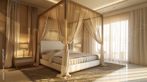 Elegant canopy bed with sheer curtains.