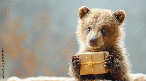 Delightful bear cub with snowflakes on fur holding a brown craft box with a yellow ribbon, symbolizing a natural teddy gift photo