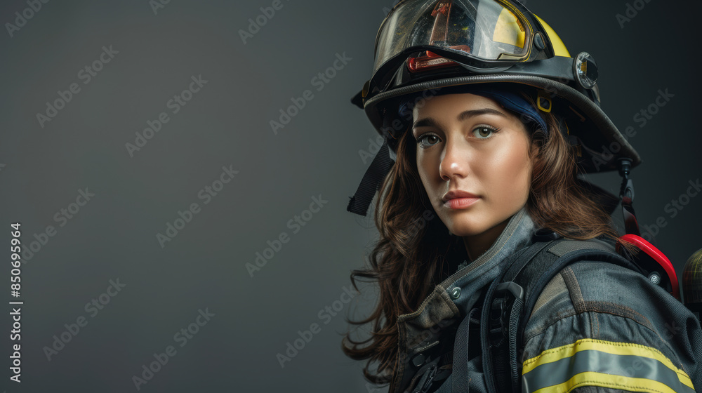 Studio photo of fearless female firefighter in complete gear, standing confidently prepared for duty. Gray background Studio photo of fearless female firefighter in complete gear, standing confidently prepared for duty. Gray background