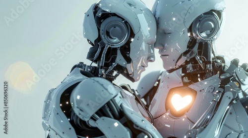 Modern robot with sleek silver body, heart-shaped projection, embracing another robot, technological romance