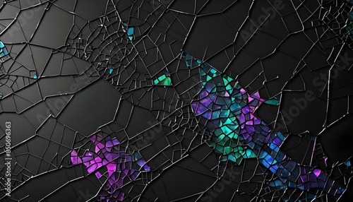 pattern of cracked iridescent glass on a black background, abstract background