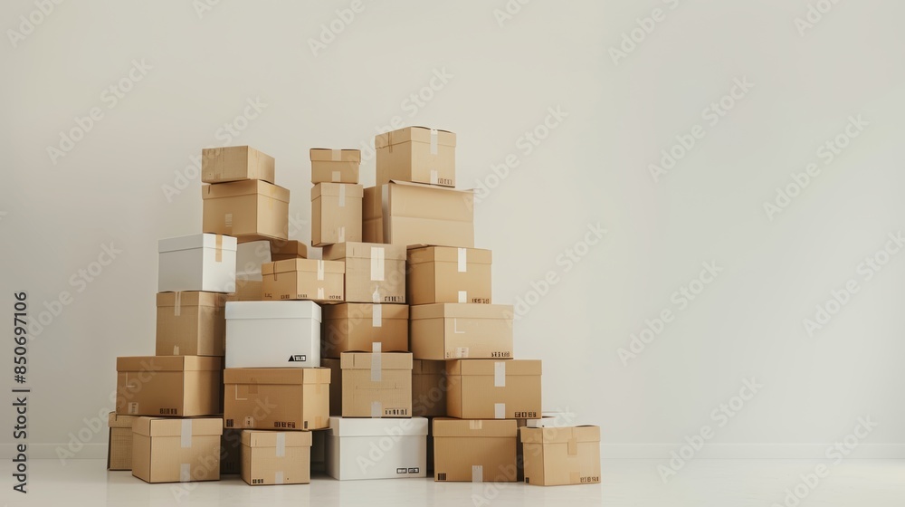 Organized Stack of Cardboard Boxes for Unpacking on White Background Organized Stack of Cardboard Boxes for Unpacking on White Background