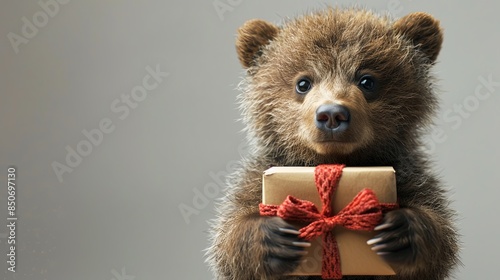 A rendered bear cub holds a cardboard sign next to a gift with a red knotted ribbon, a charming scene for a present concept photo