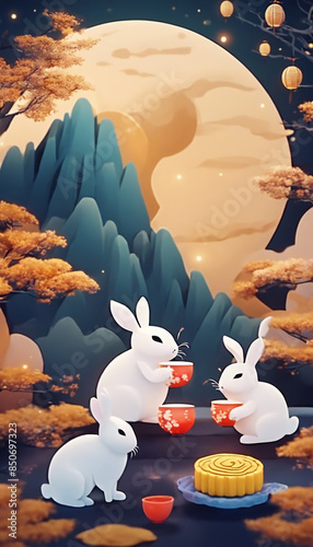 Happy mid-autumn festival 2024. rabbits and abstract illustration background
