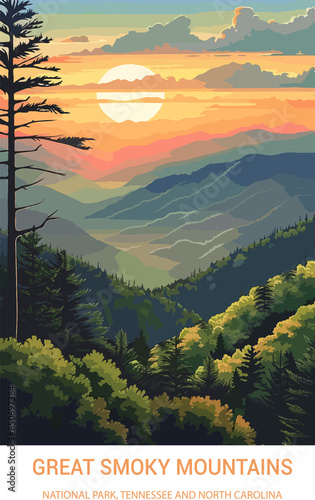 GREAT SMOKY MOUNTAINS National Park Illustration Art, Wall Art Travel Poster
