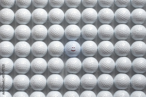 Rows of white golf balls in a rectangular shape with the centre ball having a large red smiley face printed on it  suggesting golf is fun