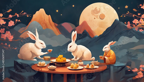 Happy mid-autumn festival 2024. rabbits and abstract illustration background
