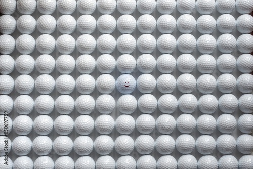 Rows of white golf balls in a rectangular shape with the centre ball having a large red smiley face printed on it  suggesting golf is fun