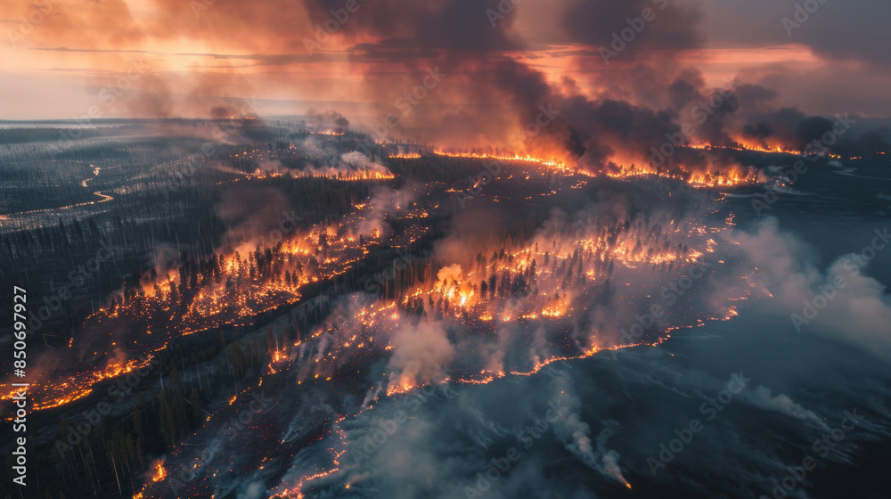 Aerial view of a sprawling forest fire, with vast areas of land consumed by fire Aerial view of a sprawling forest fire, with vast areas of land consumed by fire
