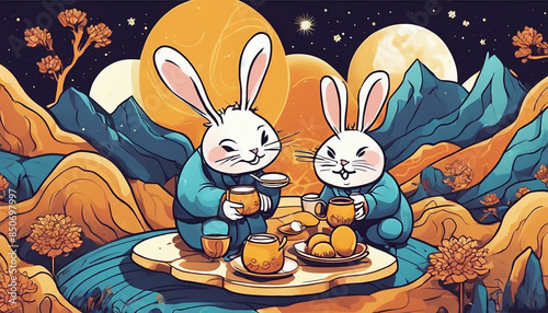 Happy mid-autumn festival 2024. rabbits and abstract illustration background