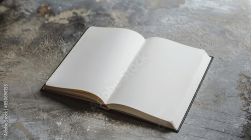 Open blank book with white pages on textured surface, ready for writing or drawing. Ideal for creative projects and educational purposes. photo