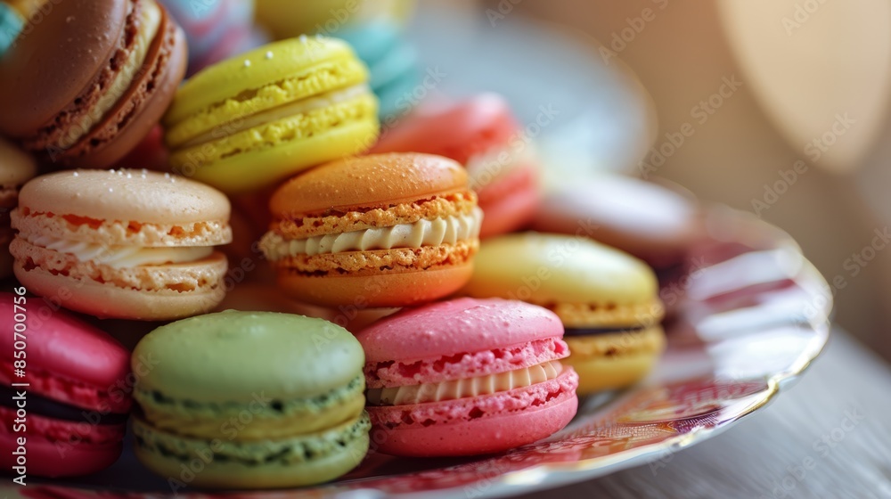 Vibrant Variety of Macarons on a Plate - Delicious and Colorful French Pastries Vibrant Variety of Macarons on a Plate - Delicious and Colorful French Pastries