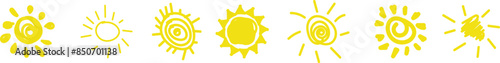 Doodle different sun icons set. Scribble yellow sun with rays symbols. Doodle children drawings collection. Hand drawn burst. Hot weather sign. Vector illustration .eps10