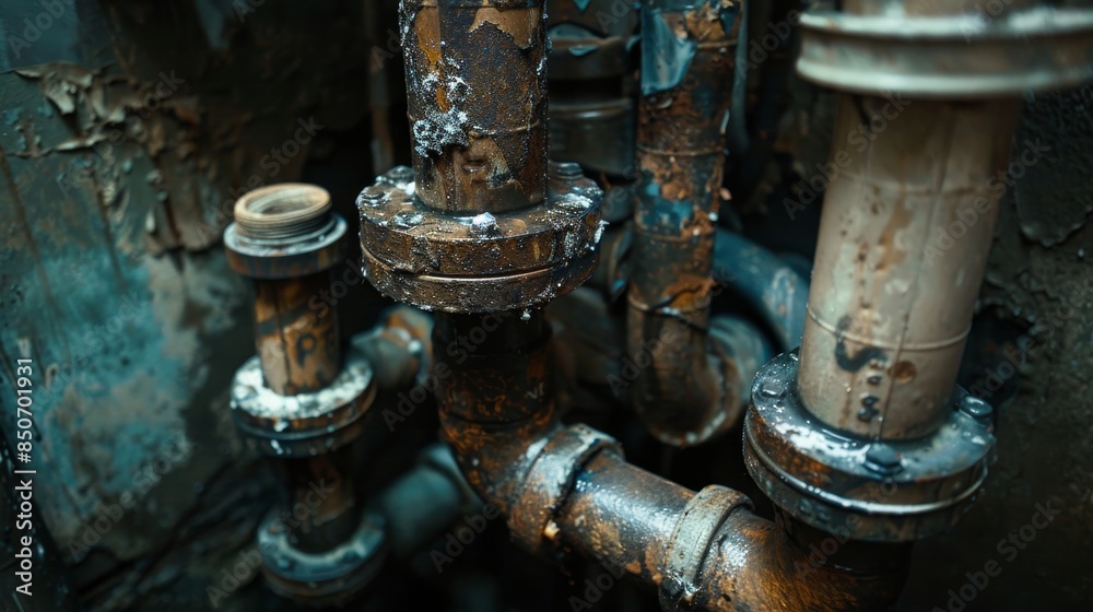 Close-up of sewage pipes under a basin, condensate drainage in progress, detailed piping system, raw industrial style Close-up of sewage pipes under a basin, condensate drainage in progress, detailed piping system, raw industrial style