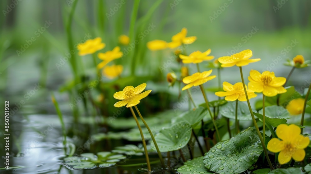Fototapeta premium Close-up of vibrant yellow flowers in a swamp, detailed view of marsh plants, natural beauty and lush landscape