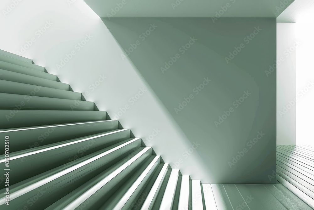 Naklejka premium A side view of a stairway with minimal modern design architecture in white color with green tone under light.