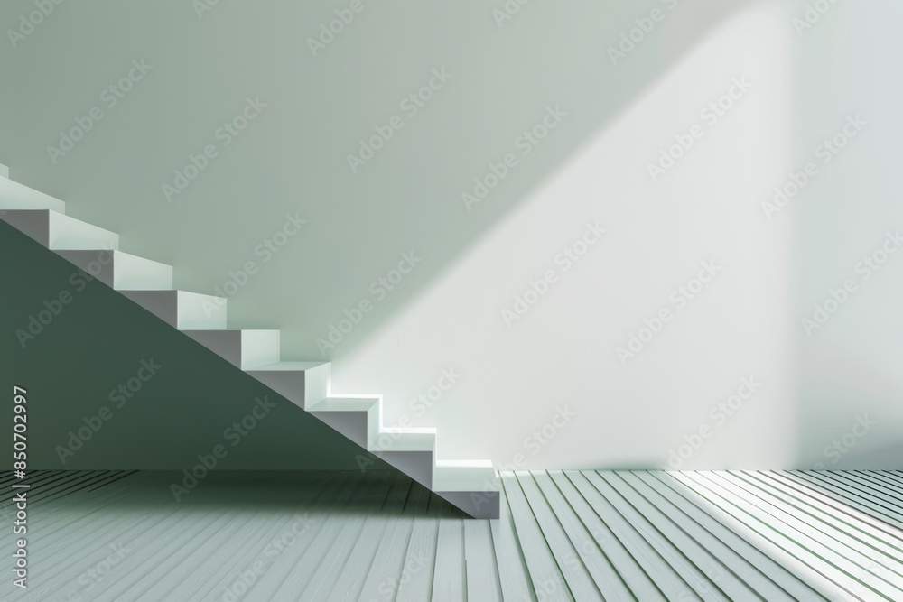 Obraz premium A side view of a stairway with minimal modern design architecture in white color with green tone under light.