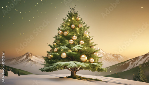 Christmas tree in the snow with a view of the mountains outside