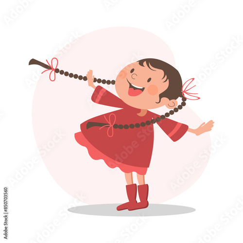 Happy little girl with pigtails, childhood concept. Illustration, vector