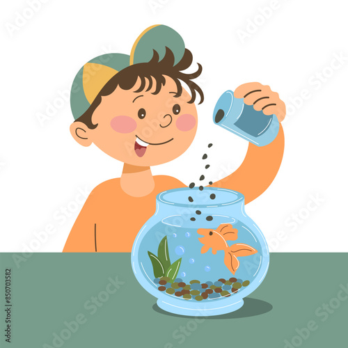 Cheerful little boy is feeding the fish in the aquarium. Pet care concept. Illustration, vector