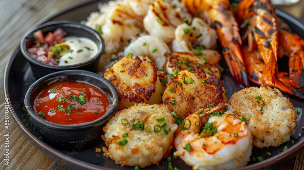 Close-up of a seafood platter with crab cakes, grilled prawns, and scallops with dipping sauces Close-up of a seafood platter with crab cakes, grilled prawns, and scallops with dipping sauces