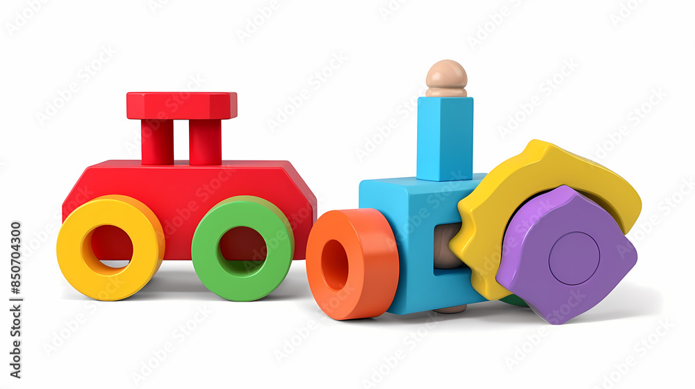 Fototapeta premium Set of 3 colorful classic toddler cutout or child's toys of car wheels, xylophone and geometric cubes isolated on white.