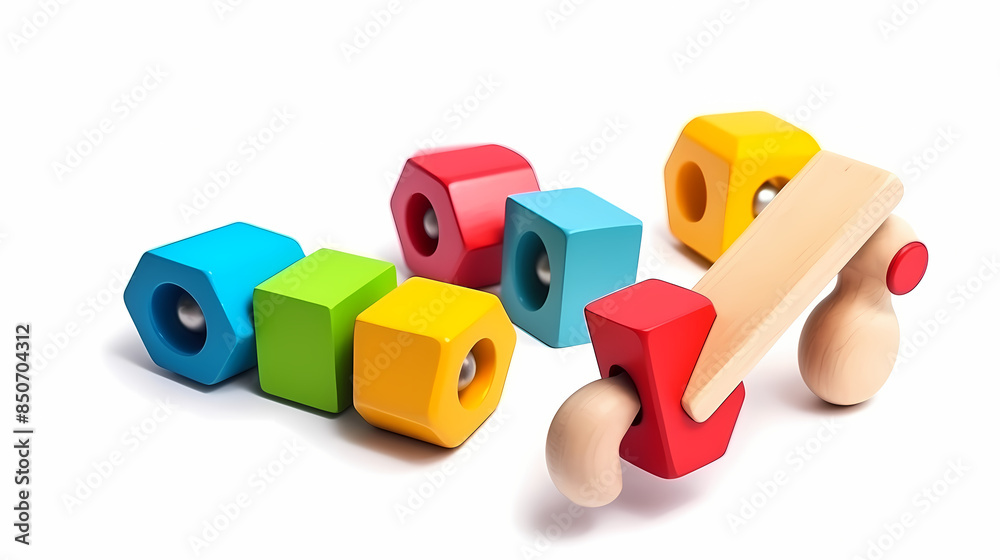 Obraz premium Set of 3 colorful classic toddler cutout or child's toys of car wheels, xylophone and geometric cubes isolated on white.