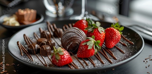 A delectable chocolate truffle on an elegant black plate, accompanied by strawberries and chocolates, creating a luxurious dessert presentation for the dining table.
