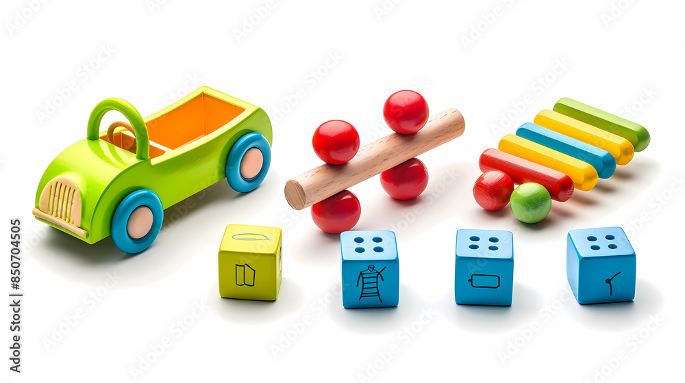 Obraz premium Set of 3 colorful classic toddler cutout or child's toys of car wheels, xylophone and geometric cubes isolated on white.