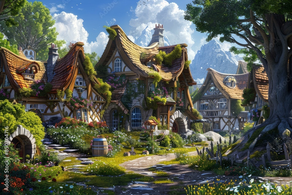 Obraz premium Digital art of a whimsical village with cobblestone paths and flowering plants