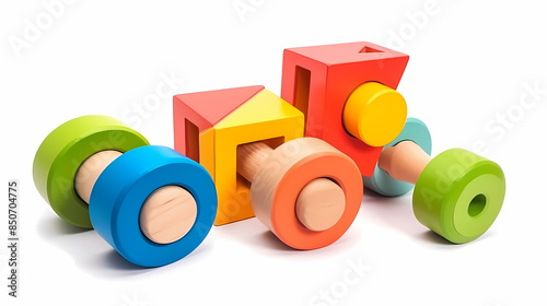 Set of 3 colorful classic toddler cutout or child's toys of car wheels, xylophone and geometric cubes isolated on white.