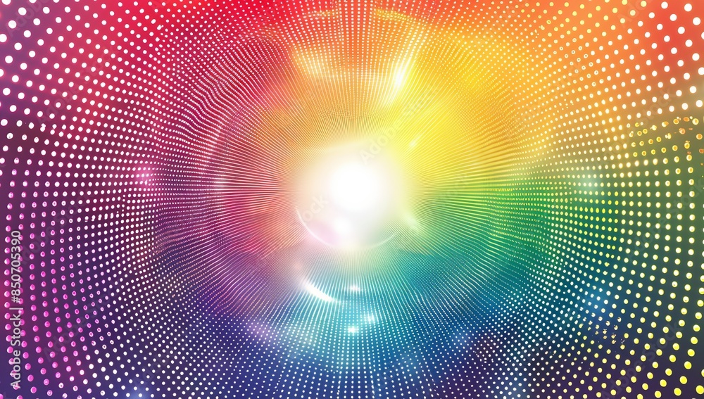 The mesh of multicolor dots creates an illusion of depth, radiating warmth from the center light source. The mesh of multicolor dots creates an illusion of depth, radiating warmth from the center light source.