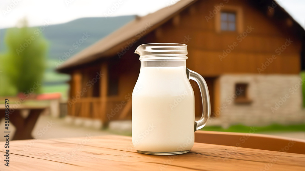 pitcher of milk on a wooden table with a rustic house and greenery in the background pitcher of milk on a wooden table with a rustic house and greenery in the background