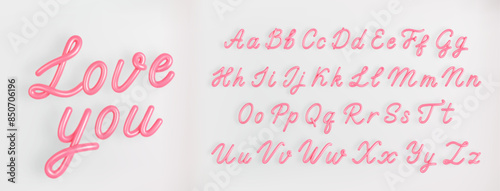 3D Pink Script Alphabet on light background. Cute Cursive Bubble font vector illustration.